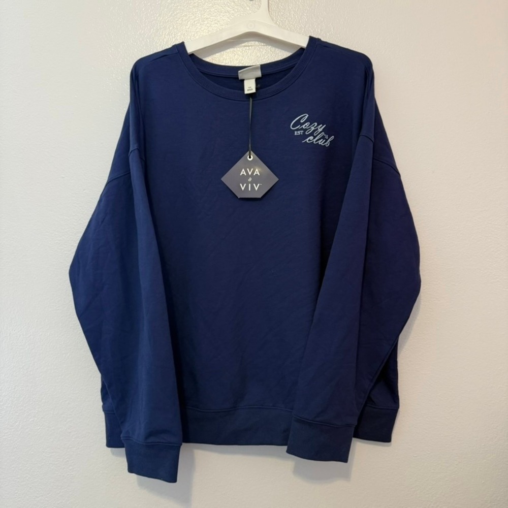Ava & Viv Womens Navy Blue Cozy Club Graphic Sweatshirt 2X Plus Size NWT